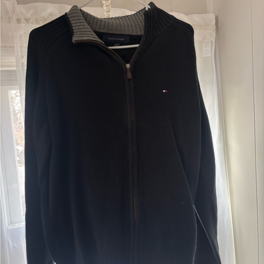 Tommy Hilfiger Black and Gray Zip-Up Sweater